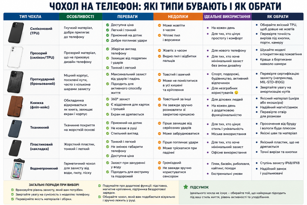 Таблиця з видами чохлів для телефону — силіконовий, протиударний, книжка та інші