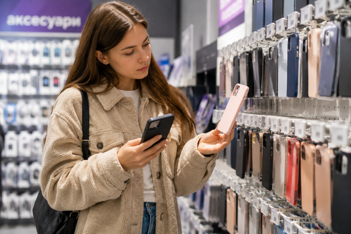 Дівчина порівнює чохол і смартфон біля вітрини з аксесуарами в магазині