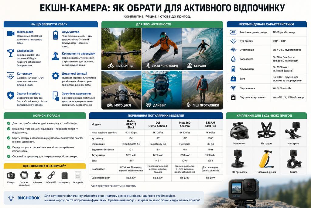 Інфографіка з порівнянням популярних моделей екшн-камер та порадами щодо вибору