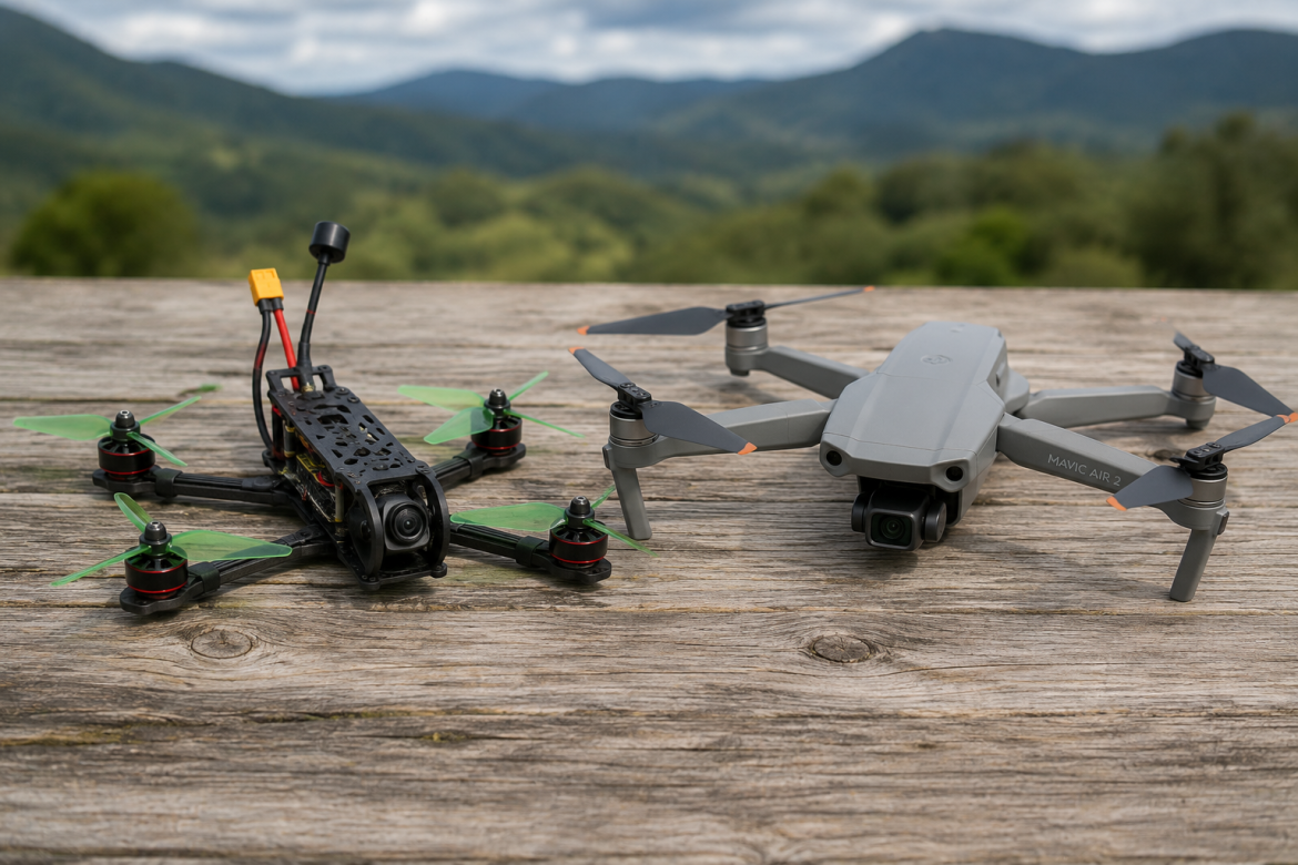 Гоночний FPV дрон і квадрокоптер DJI Mavic Air 2 поставлені поруч на дерев'яному столі