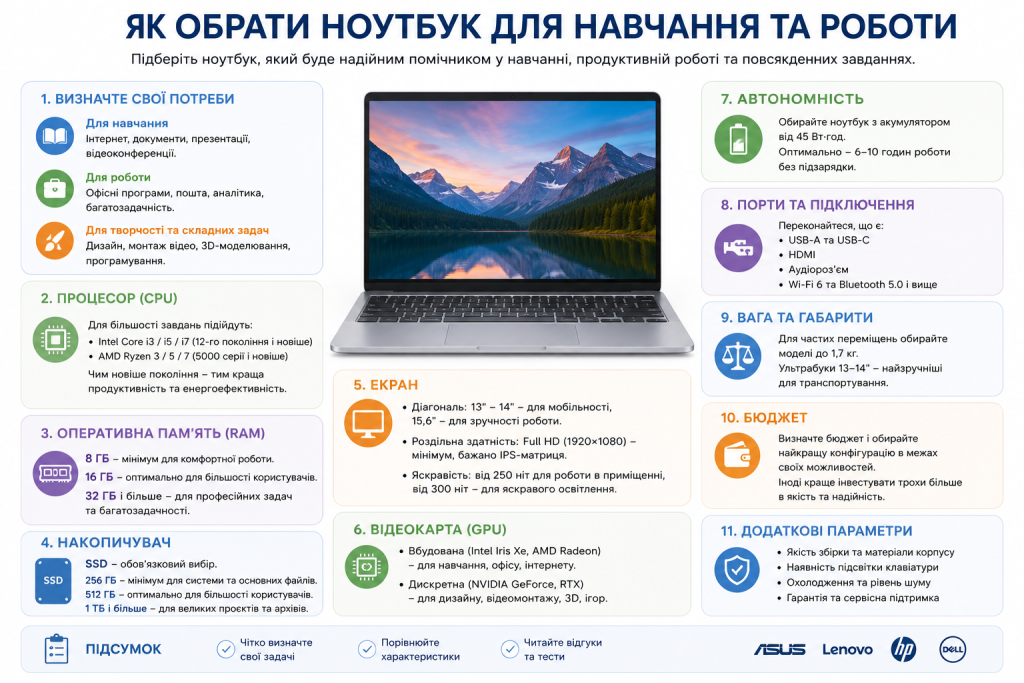 Інфографіка з характеристиками ноутбука для навчання: процесор, RAM, SSD, екран та автономність