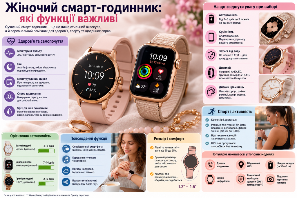Інфографіка про функції жіночого смарт-годинника: здоров'я, спорт, автономність та дизайн