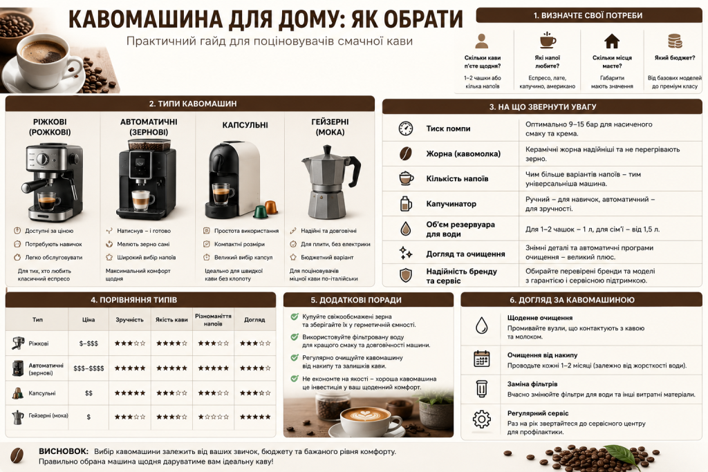 Інфографіка про вибір кавомашини для дому, типи моделей, характеристики та поради з догляду.