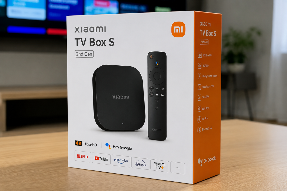 Упаковка смарт ТВ-приставки Xiaomi Mi Box S з пультом на столі