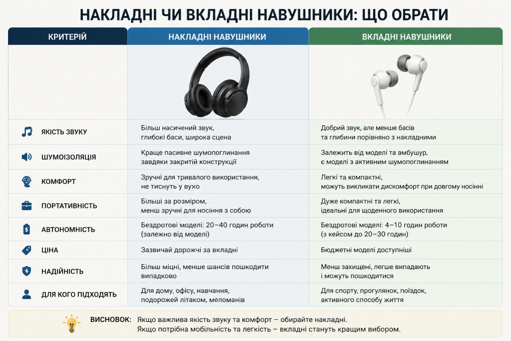 Таблиця порівняння накладних та вкладних навушників за якістю звуку, комфортом та ціною