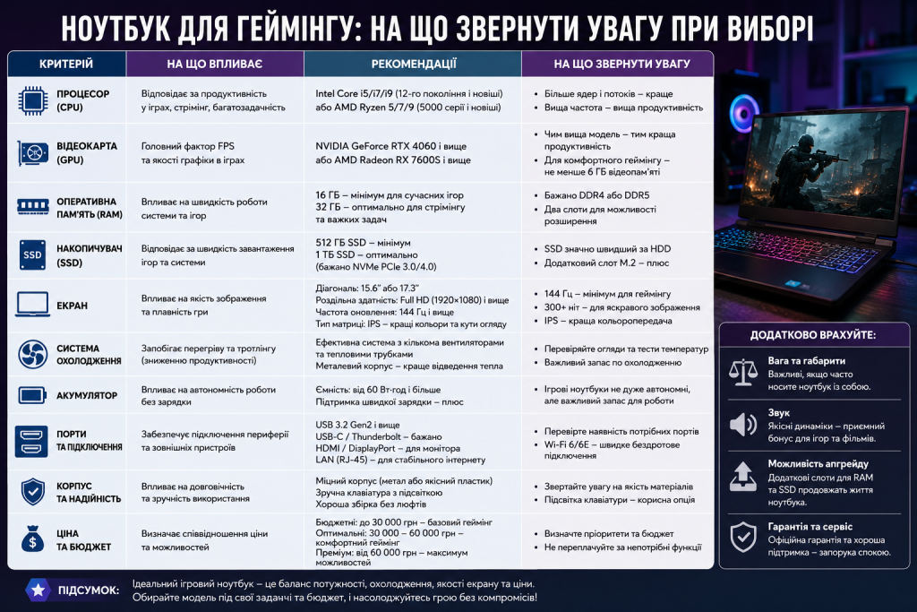 Інфографіка з критеріями вибору ігрового ноутбука — процесор, відеокарта, екран, охолодження