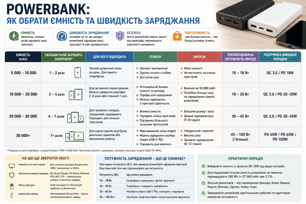 Інфографіка з порівнянням powerbank за ємністю від 5000 до 30000 мАг та швидкістю заряджання
