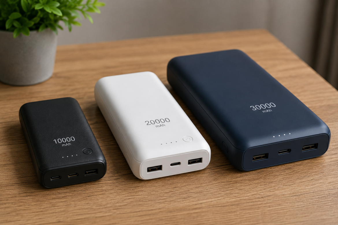 Три powerbank різної ємності та розміру на дерев'яному столі