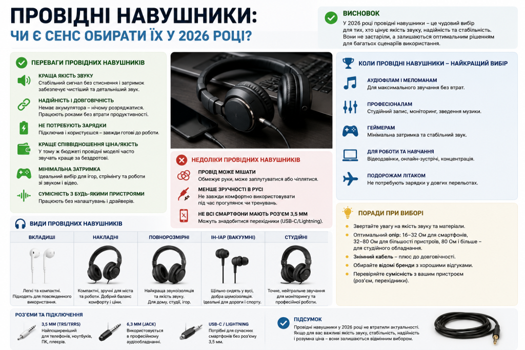 Інфографіка про переваги, недоліки, види та особливості вибору провідних навушників у 2026 році.