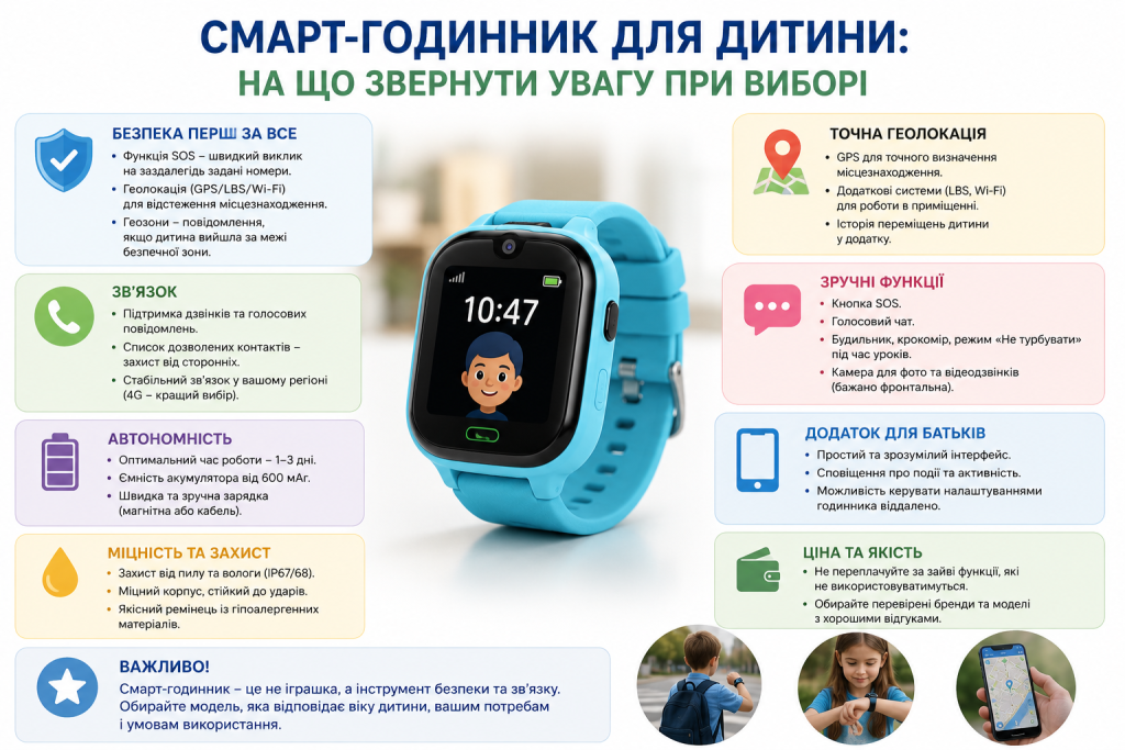 Інфографіка з характеристиками дитячого смарт-годинника: безпека, геолокація та функції