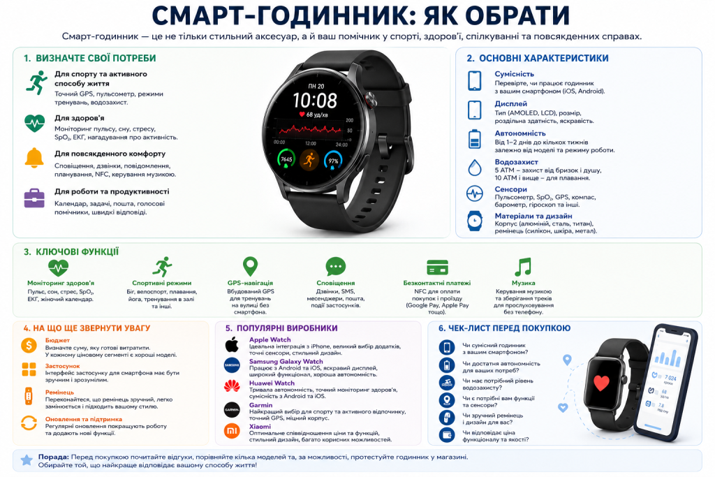 Інфографіка з порадами вибору смарт-годинника — характеристики, функції, популярні виробники