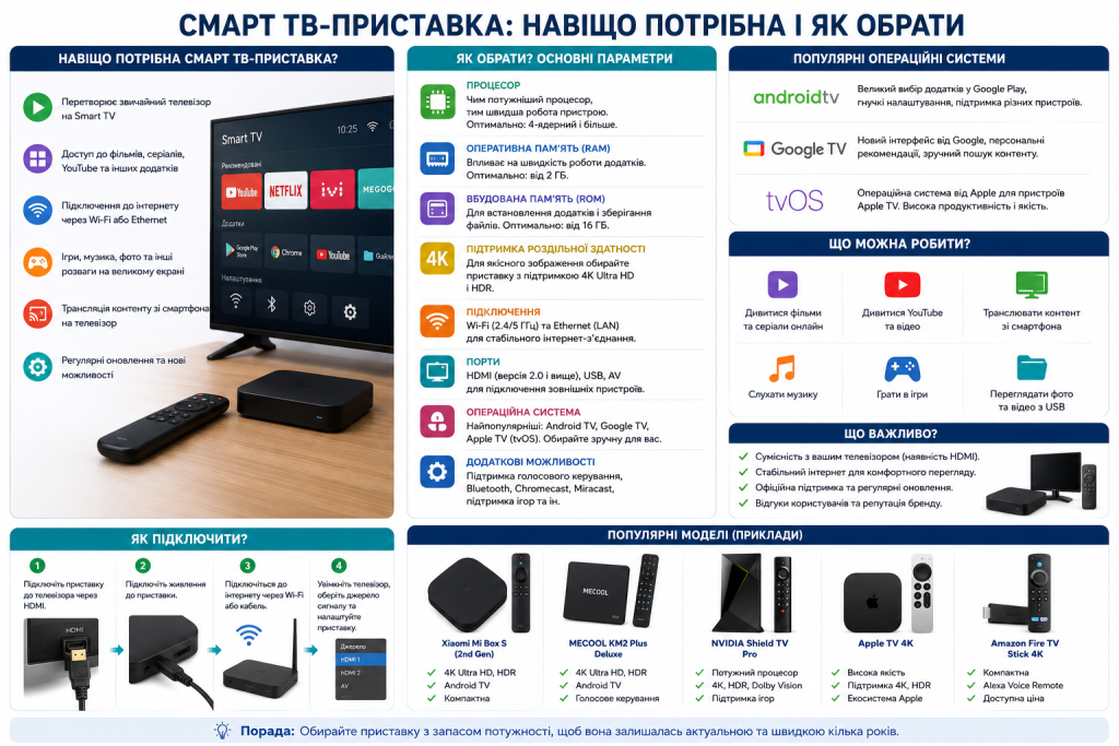 Інфографіка з порадами щодо вибору та підключення смарт ТВ-приставки