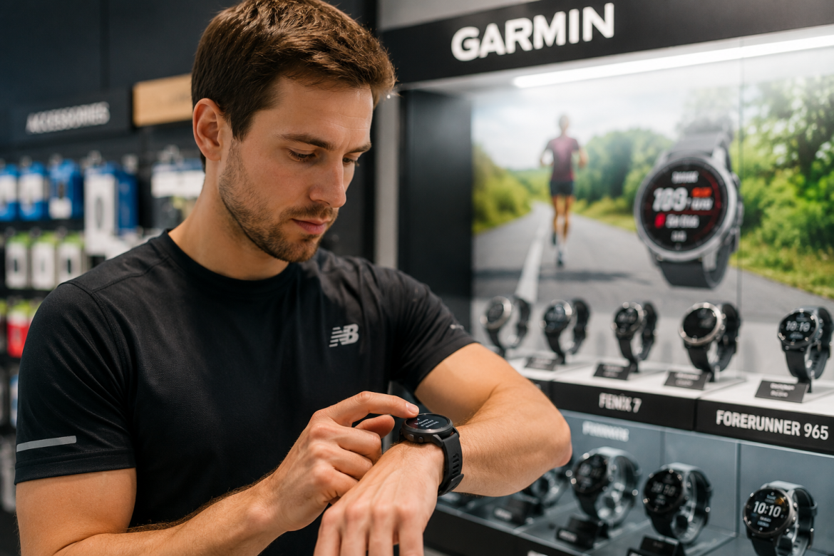 Чоловік у спортивному одязі приміряє смарт-годинник Garmin на фоні вітрини з моделями Fenix 7 та Forerunner 965