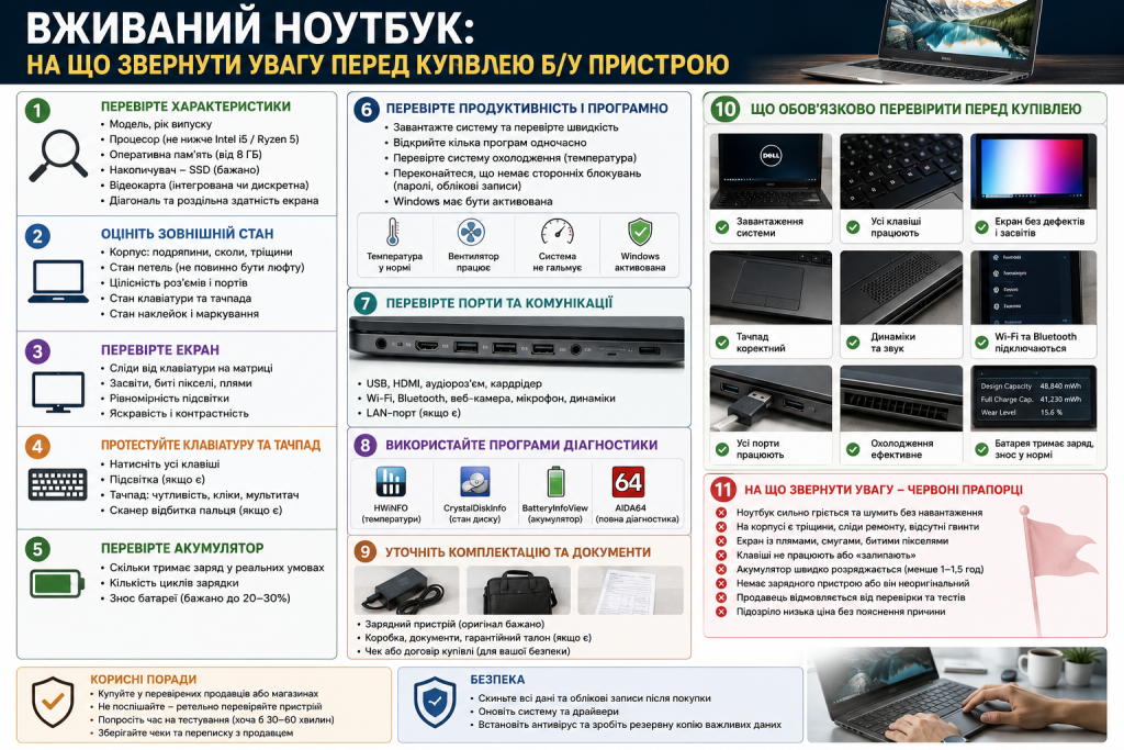 Інфографіка з порадами щодо перевірки вживаного ноутбука перед покупкою, включаючи стан екрана, батареї та комплектуючих.