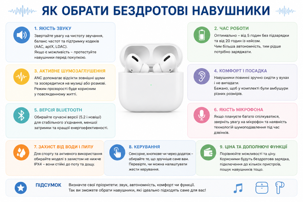 Інфографіка з порадами щодо вибору бездротових навушників: звук, ANC, Bluetooth та комфорт