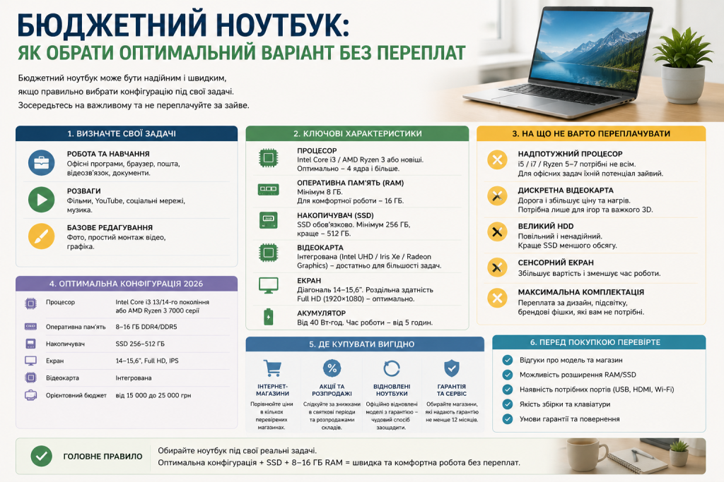 Інфографіка з порадами вибору бюджетного ноутбука за характеристиками та бюджетом