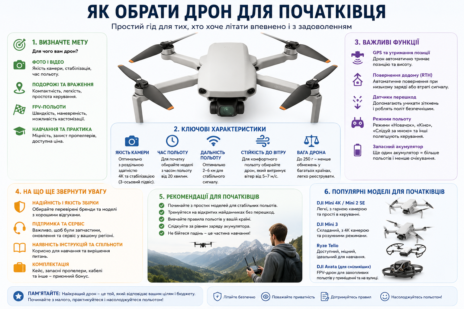 Інфографіка з порадами вибору дрона для новачка — характеристики, функції, популярні моделі