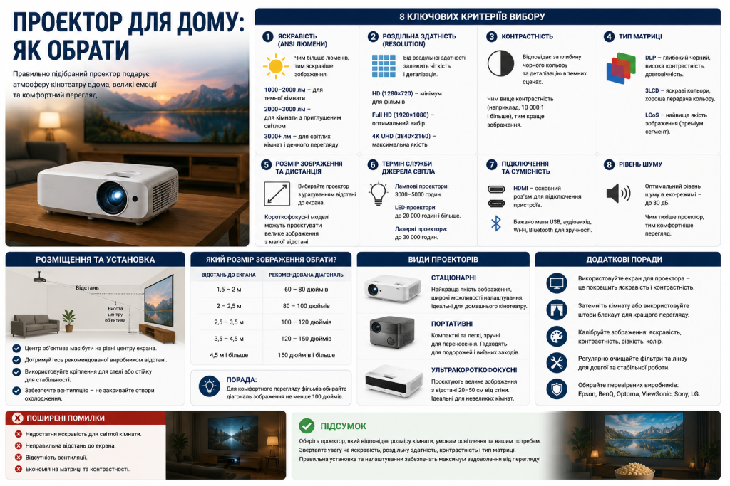 Інфографіка про вибір домашнього проектора, основні характеристики та поради