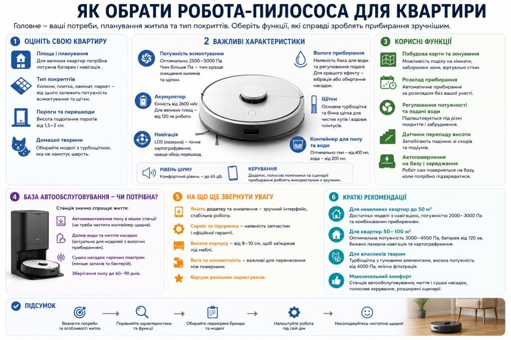 Інфографіка з критеріями вибору робота-пилососа — потужність, навігація, база самоочищення