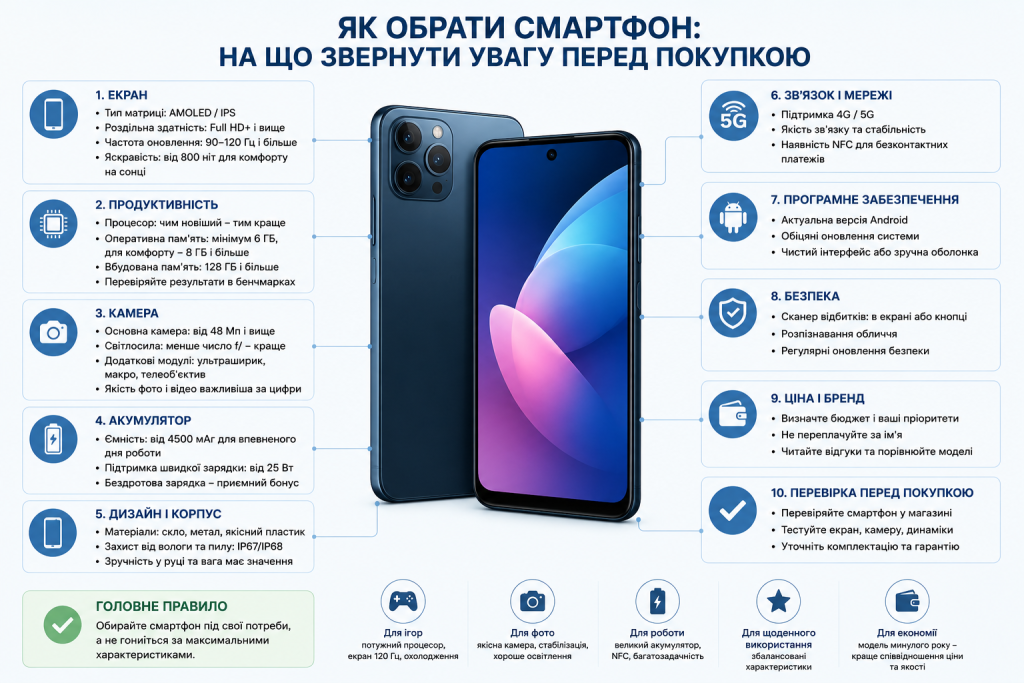Інфографіка з порадами щодо вибору смартфона: екран, камера, акумулятор та продуктивність