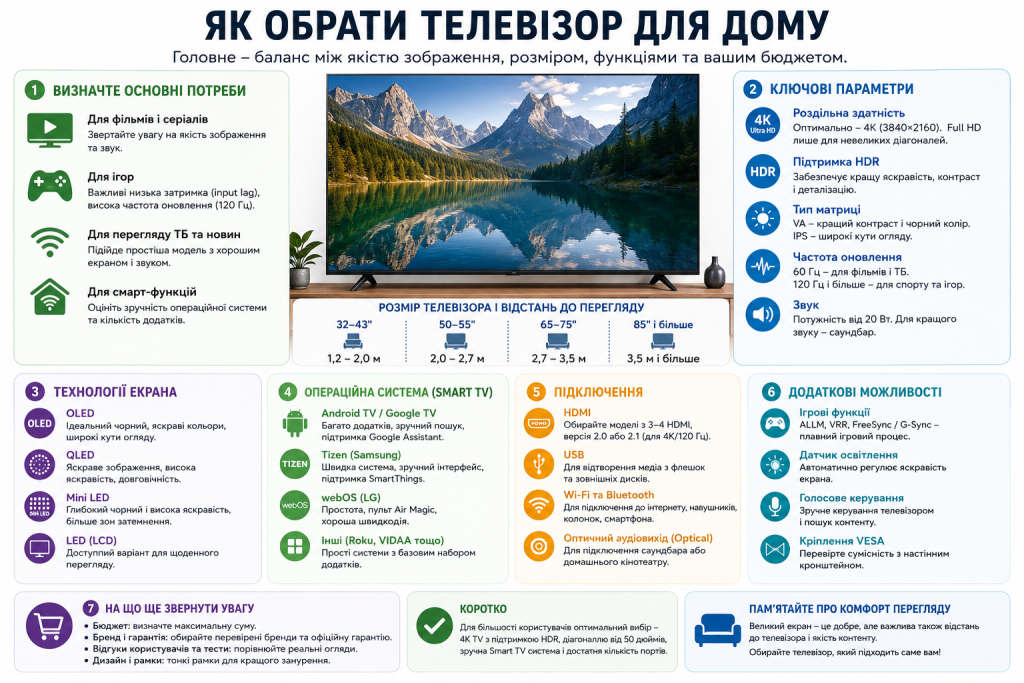 Інфографіка з порадами щодо вибору телевізора — роздільна здатність, матриця, Smart TV