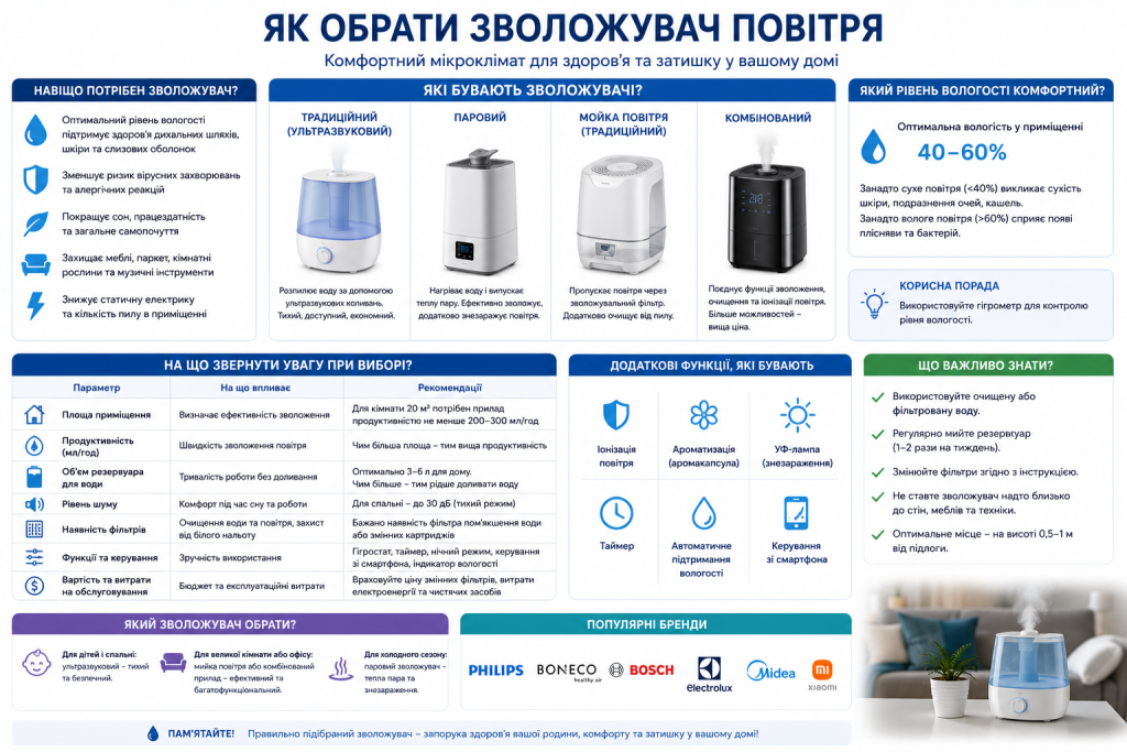Інфографіка з порівнянням типів зволожувачів повітря та критеріями вибору