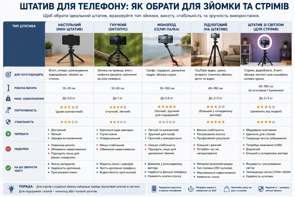 Інфографіка про види штативів для телефону, їх переваги, недоліки та рекомендації щодо вибору