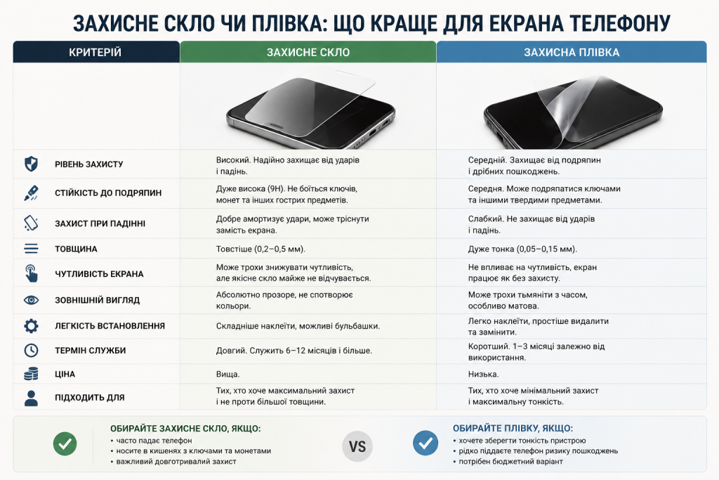Таблиця порівняння захисного скла та плівки за рівнем захисту, товщиною та ціною
