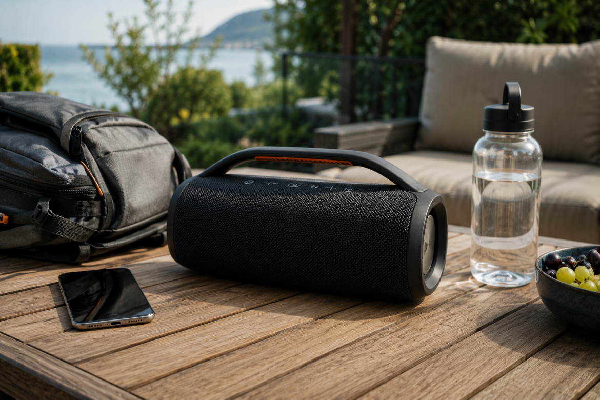 Велика портативна Bluetooth-колонка на дерев’яному столі біля смартфона, рюкзака та пляшки води на відкритій терасі.