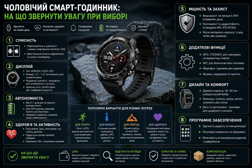 Інфографіка про вибір чоловічого смарт-годинника за дисплеєм, автономністю, функціями здоров’я, захистом, дизайном і сумісністю