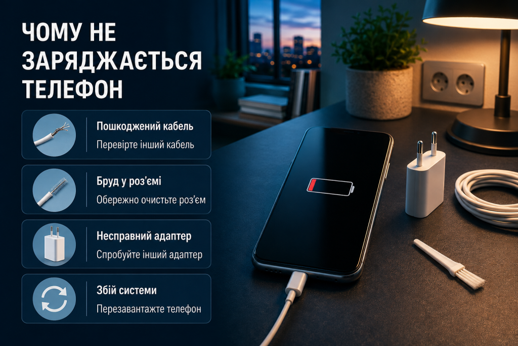 Інфографіка про причини, через які телефон не заряджається: пошкоджений кабель, бруд у роз’ємі, адаптер або збій системи