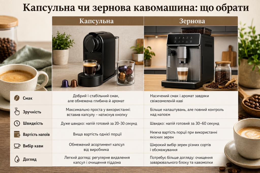 Інфографіка з порівнянням капсульної та зернової кавомашини за смаком, зручністю, швидкістю, вартістю напоїв, вибором кави та доглядом.