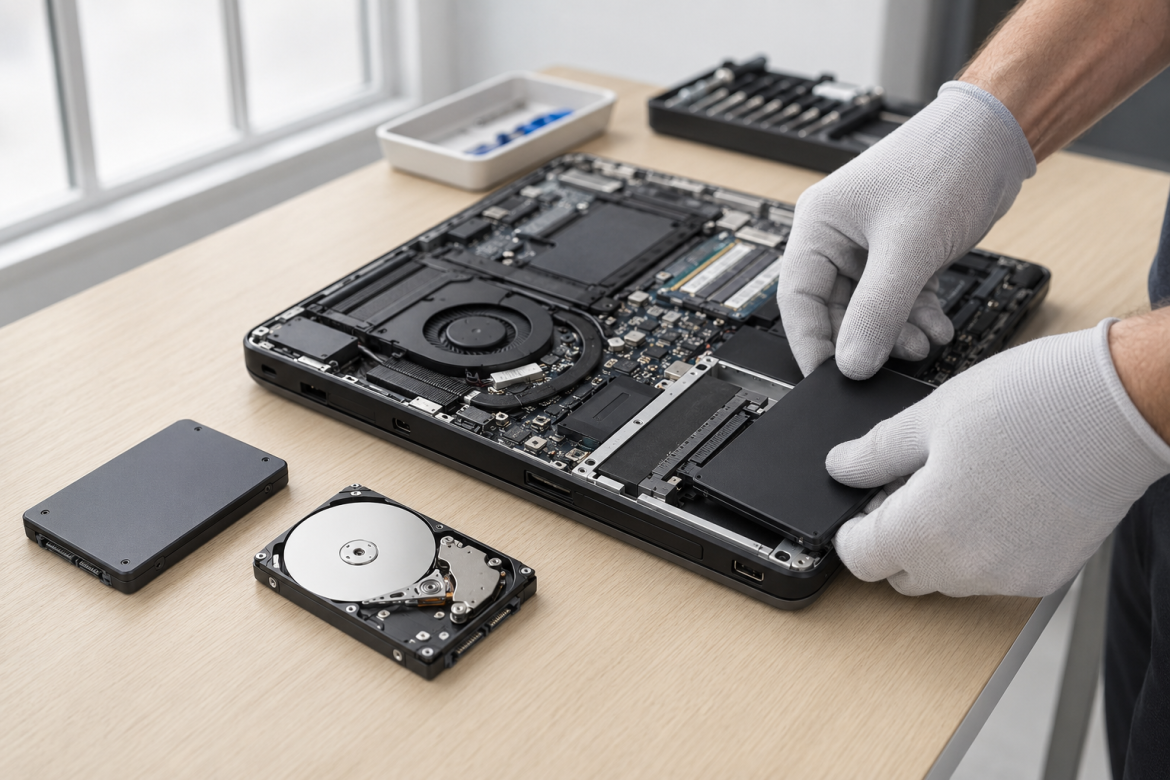 Майстер встановлює SSD у відкритий ноутбук під час заміни жорсткого диска та модернізації пристрою