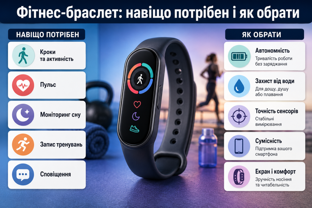 Інфографіка про фітнес-браслет, його функції для контролю активності, пульсу, сну та тренувань і основні критерії вибору.