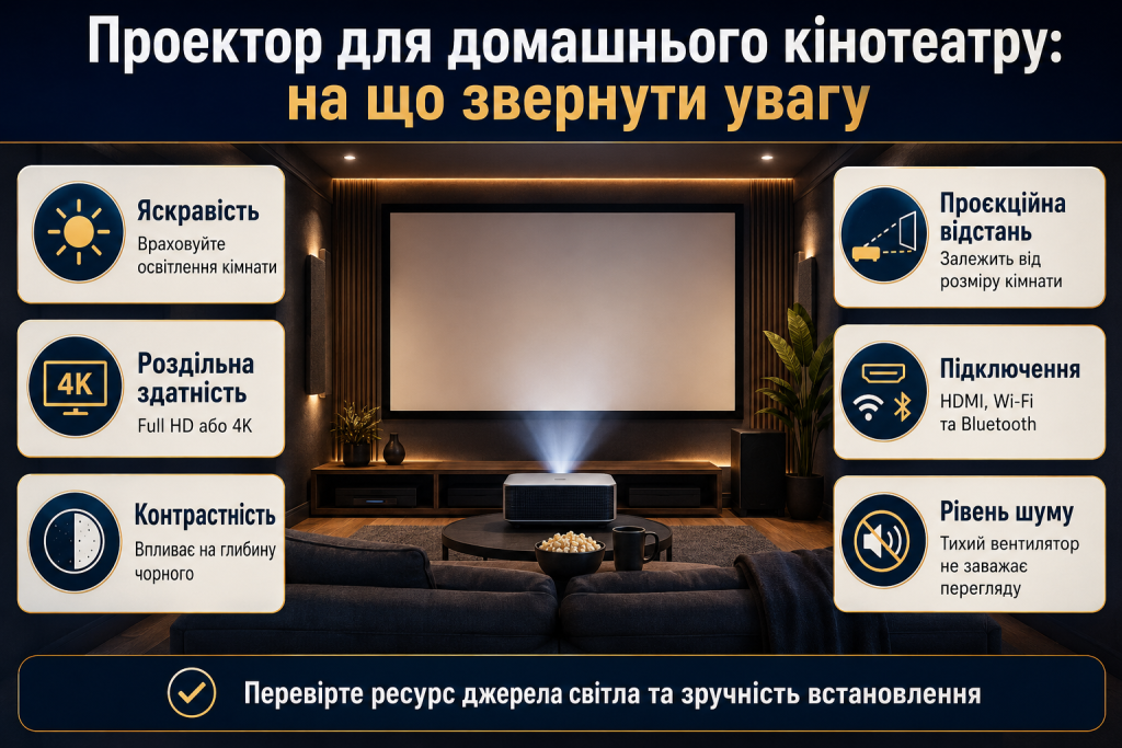 Інфографіка про вибір проектора для домашнього кінотеатру за яскравістю, роздільною здатністю, контрастністю, підключенням і рівнем шуму.