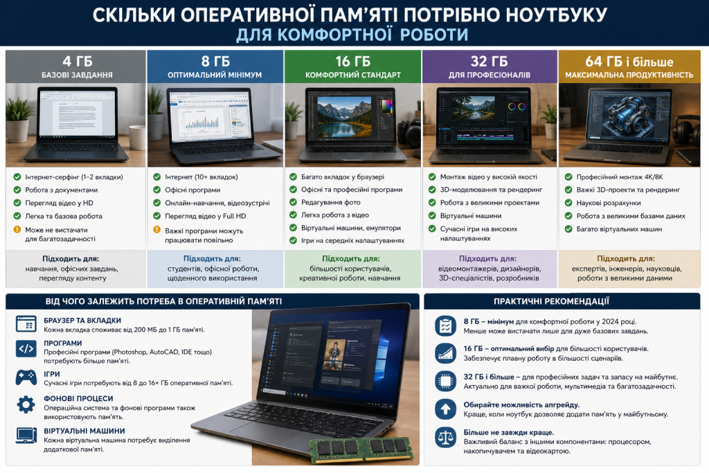 Інфографіка про вибір обсягу оперативної пам’яті ноутбука від 4 до 64 ГБ залежно від офісних завдань, ігор та професійної роботи