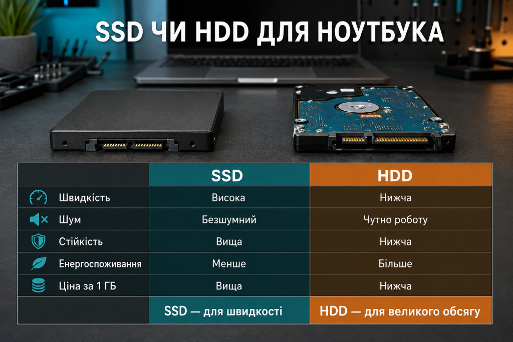 Інфографіка порівняння SSD і HDD для ноутбука за швидкістю, шумом, надійністю, енергоспоживанням і ціною