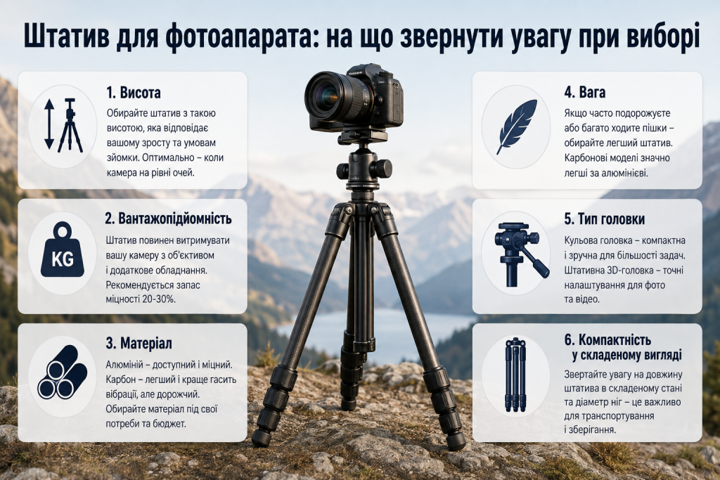 Інфографіка про вибір штатива для фотоапарата за висотою, вантажопідйомністю, матеріалом, вагою, типом головки та компактністю.