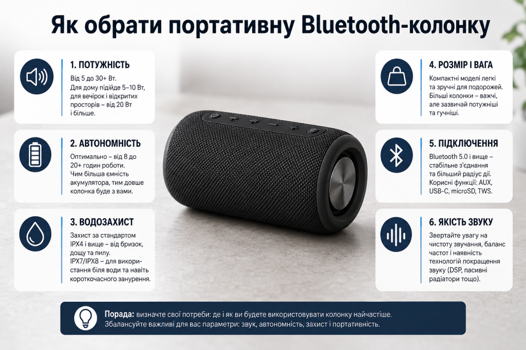 Інфографіка про вибір портативної Bluetooth-колонки за потужністю, автономністю, водозахистом, вагою, підключенням і якістю звуку.