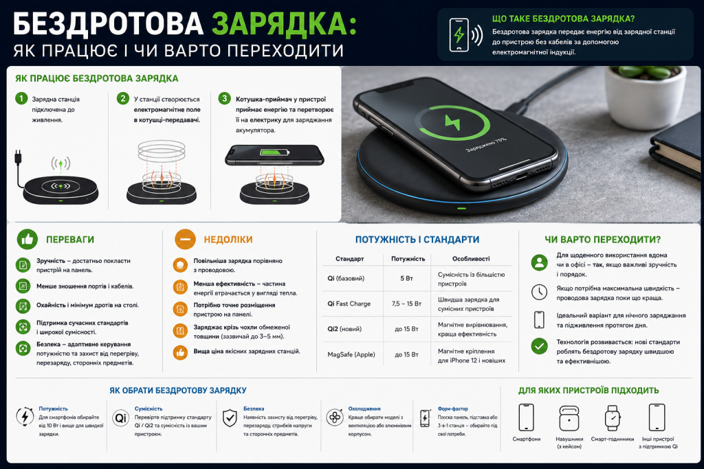 Інфографіка про принцип роботи бездротової зарядки, її переваги, недоліки, стандарти Qi та сумісні пристрої