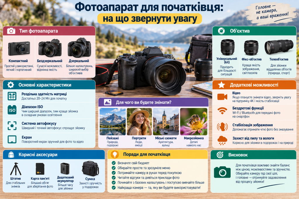 Інфографіка про вибір фотоапарата для початківця, типи камер, об’єктиви, основні характеристики та аксесуари.