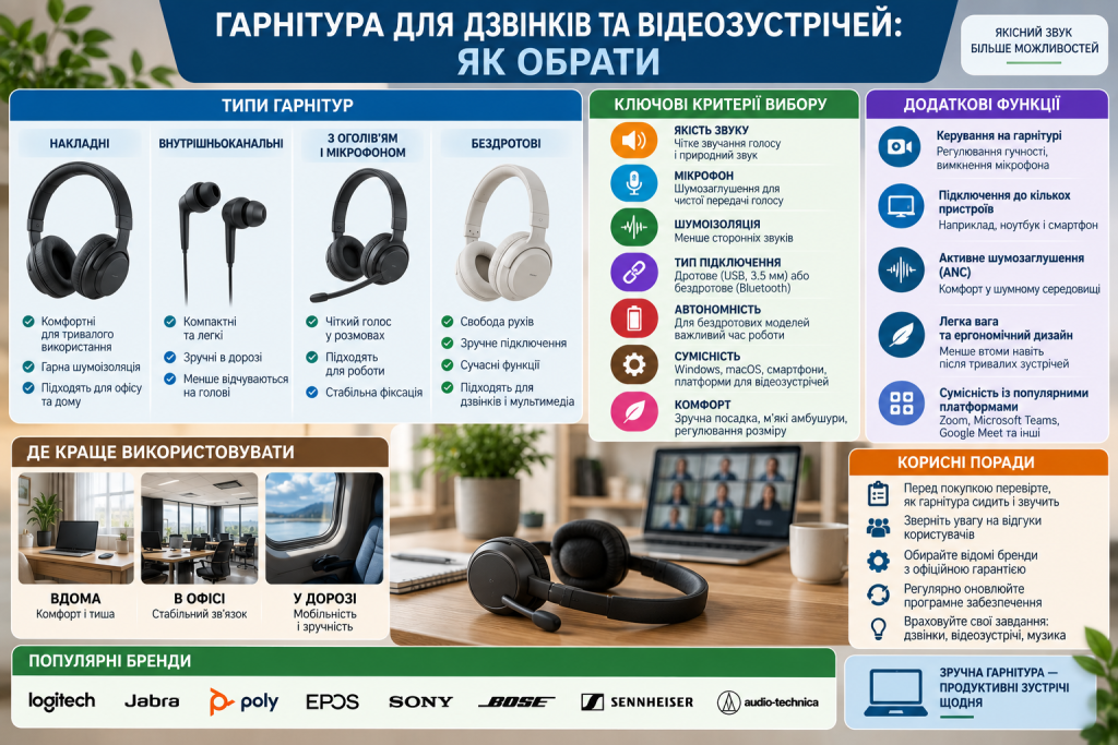 Інфографіка про типи гарнітур для дзвінків і відеозустрічей, критерії вибору, функції та популярні бренди