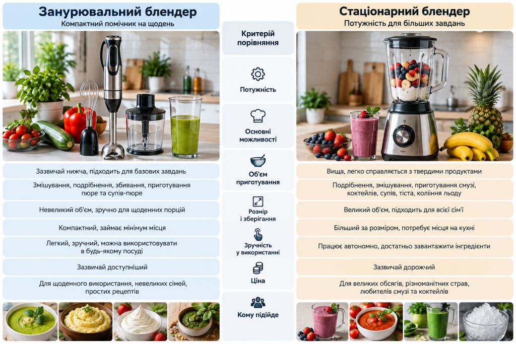 Інфографіка з порівнянням занурювального та стаціонарного блендера за потужністю, можливостями, об’ємом і зручністю