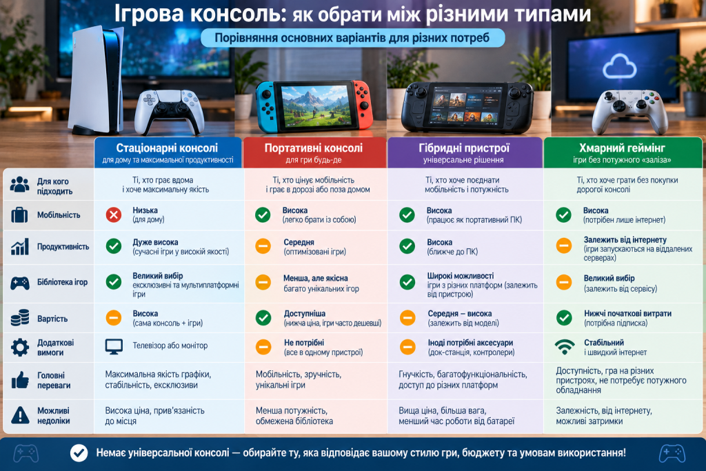 Інфографіка з порівнянням стаціонарних, портативних, гібридних і хмарних ігрових систем за продуктивністю, мобільністю, вартістю та можливостями.